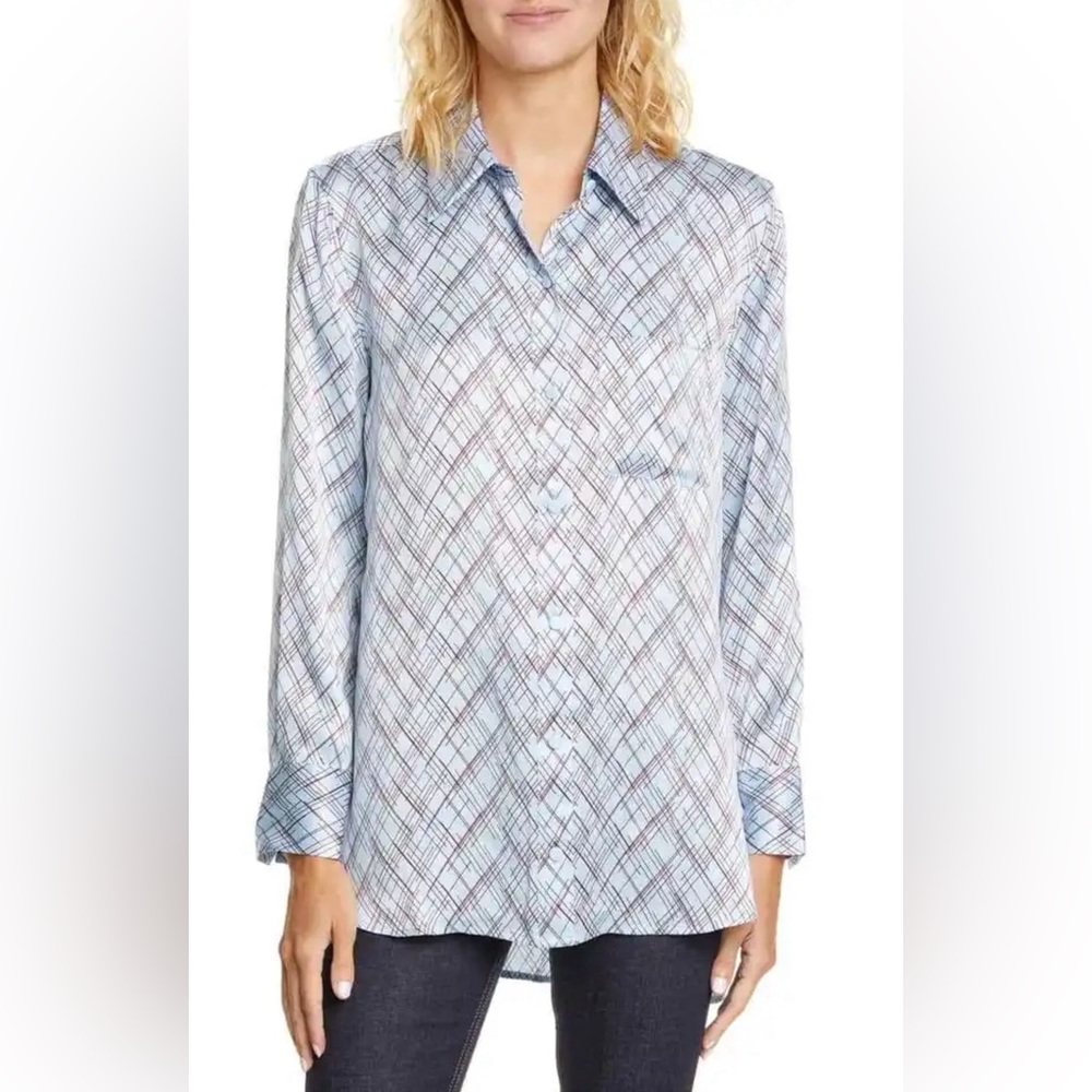 Equipment print silk shirt in sky blue | Size L